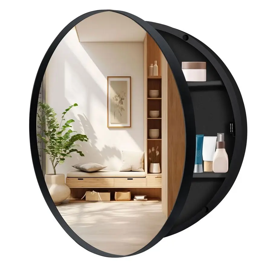 Inch Round Medicine Cabinet with Mirror,Farmhouse Black Bathroom Medicine Cabinet for Wall Metal Framed, Surface Mount Only Circ