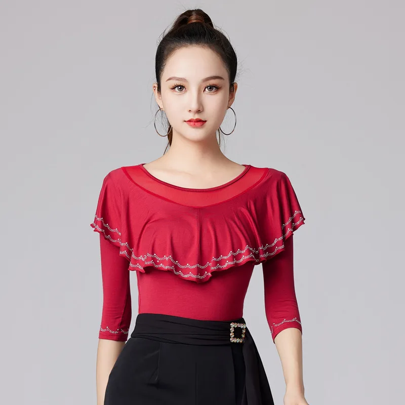 

Lace Patchwork Latin Dance Costume Waltz Tops Adult Modern Tango Wear Woman Solid Color Short Sleeve Prom Belly Evening Clothes