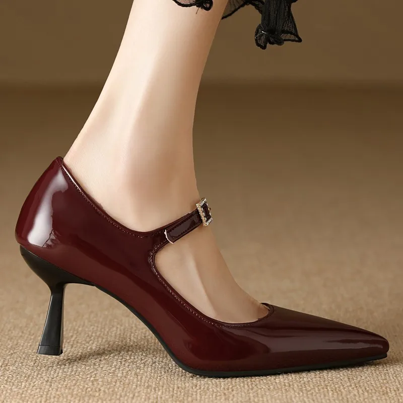 Zapatos de tacón sexis para mujer, zapatos Mary Jane elegantes, zapatos de tacón negro desnudo y Borgoña, zapatos de boda para fiesta de oficina de talla grande para mujer