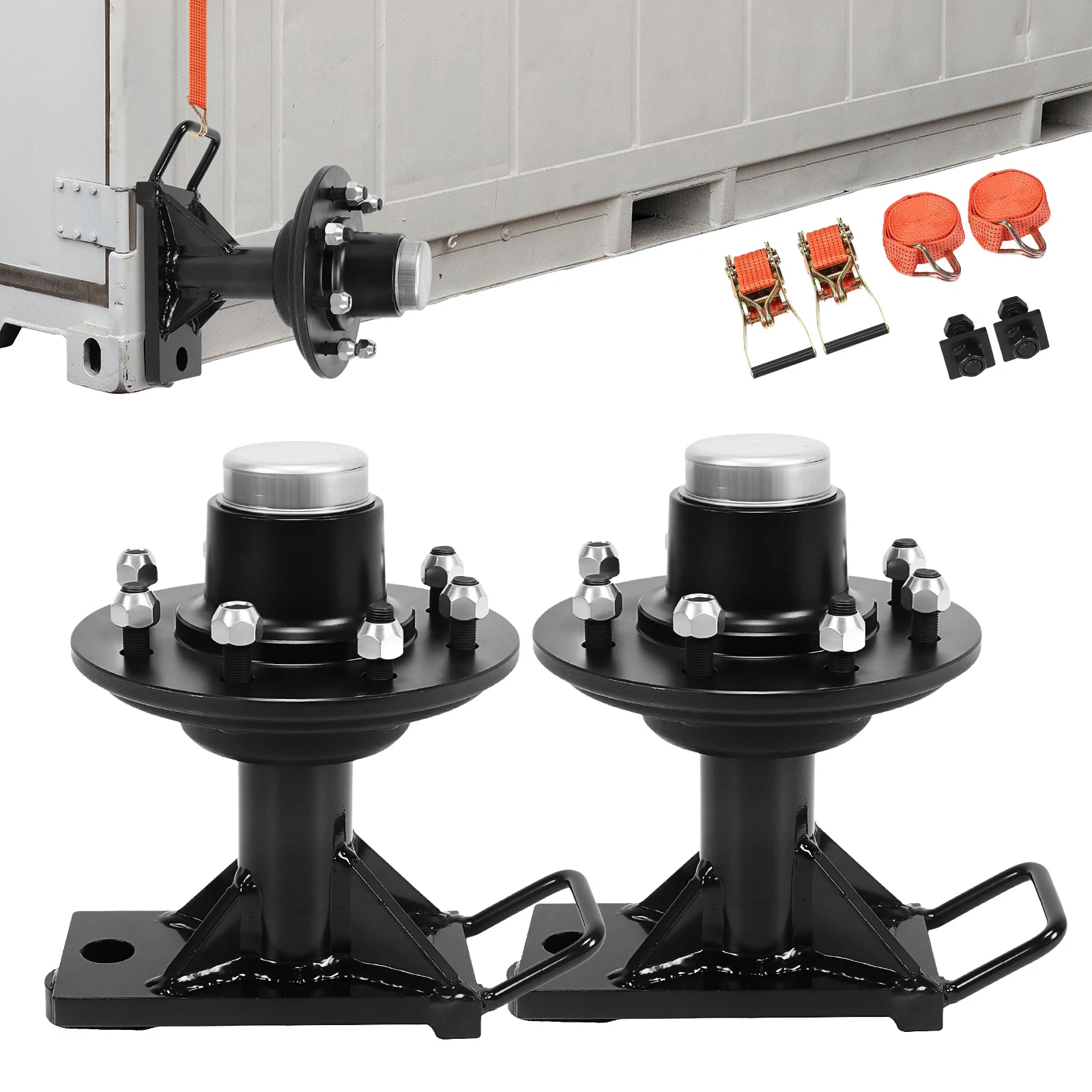 2 Pack Shipping Container Wheels 8x6.5 Lug with Ratchet Strap Tie Down J Hook Container Wheels 8-Lug Wheel Kit Quick Disassembly