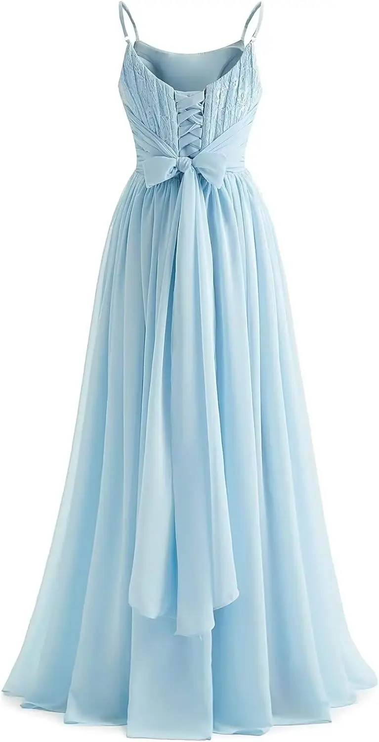 Spaghetti Strap Chiffon Bridesmaid Dresses for Women Long Lace Ruched Aline Scoop Neck Prom Formal Evening Gowns Party Dresses