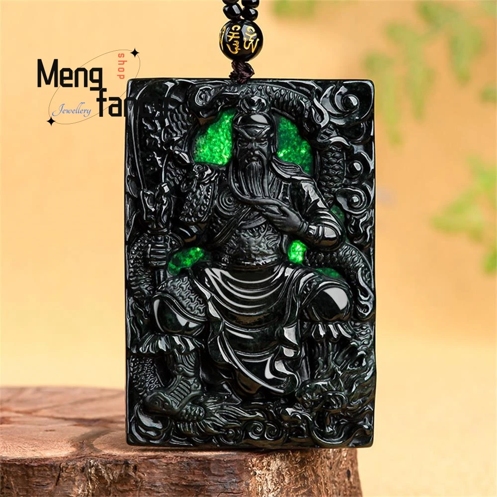 

Natural A-goods Jadeite Inkstone Dragon Guan Gong Pendant Ice Jade Exquisite Mascots Luxury Quality Fashion Jewelry Holiday Gift