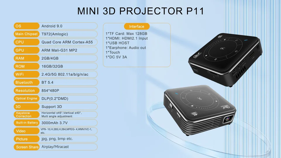 Portable DLP Mini Projector 65 Lumens 854x480dpi Android 9.0