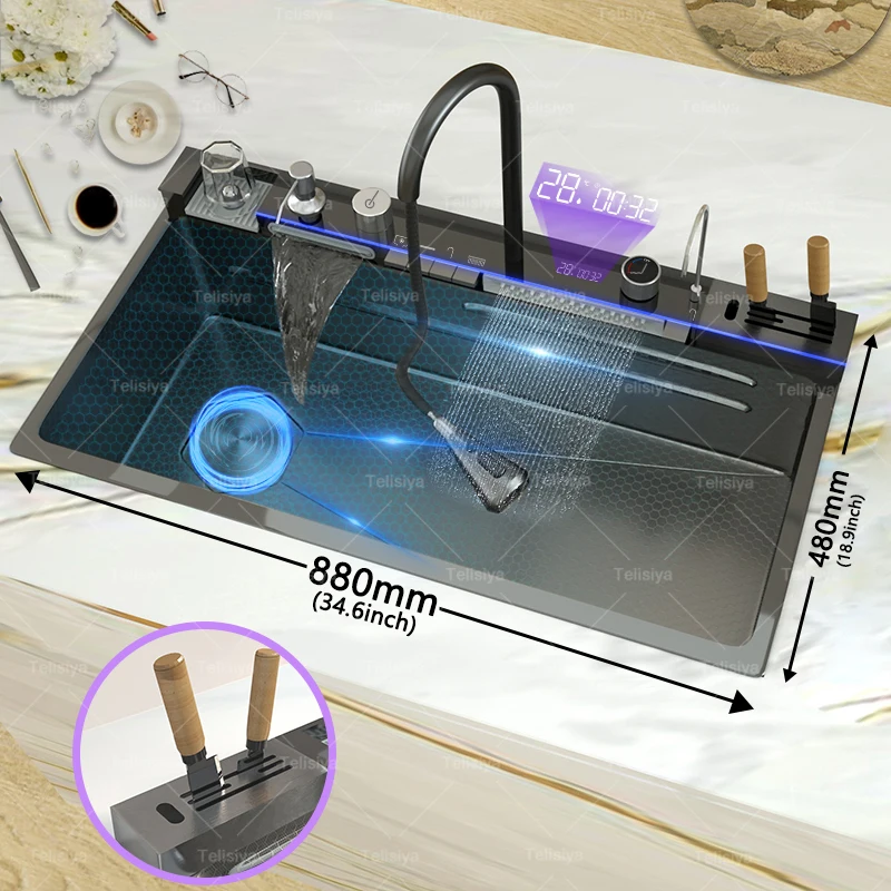 Stainless Steel kitchen Sink With Waterfall Golden Large Single Slot Multifunctional Digital Display Sinks 100*50CM