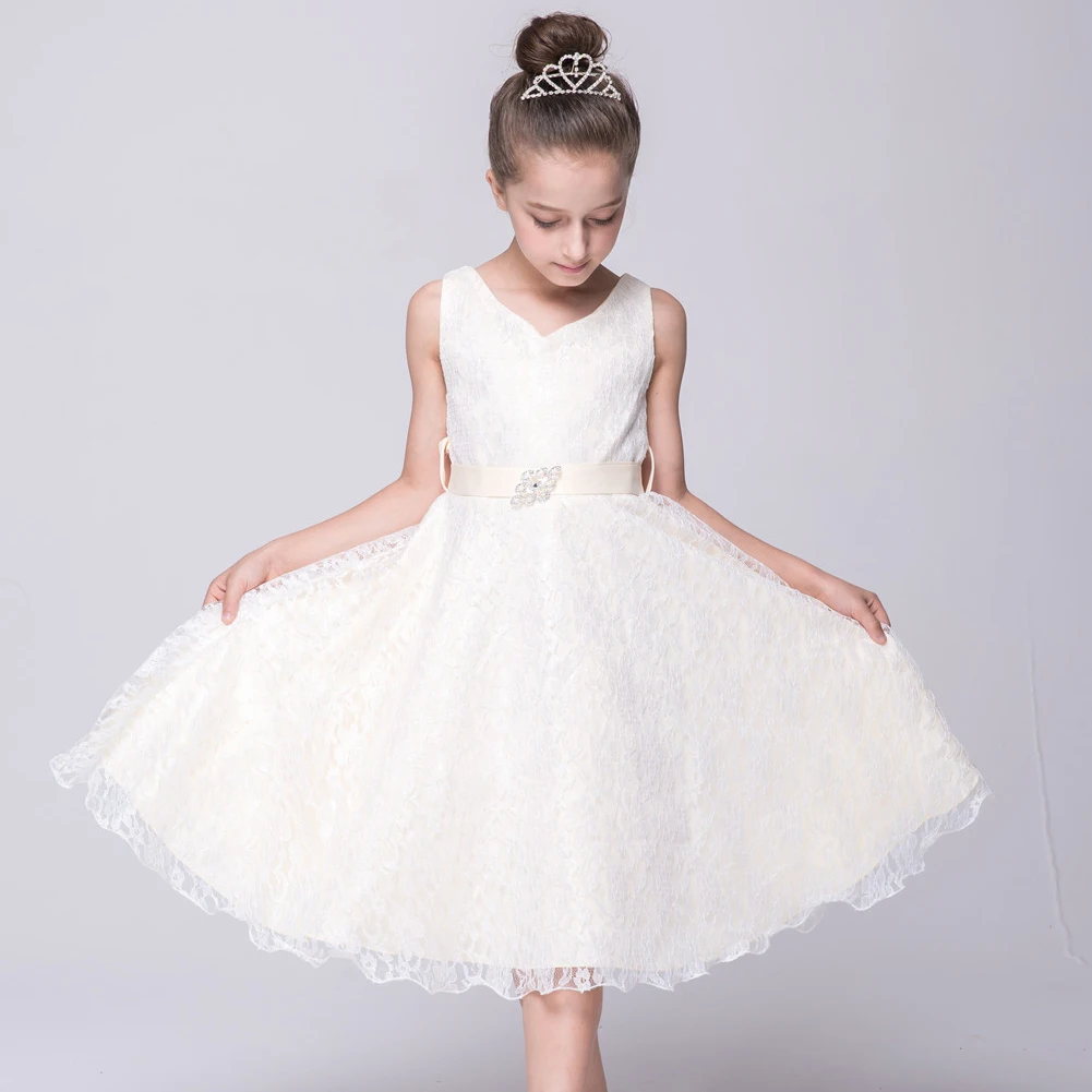 LPATTERN Vintage Dress for Girls Lace Sleeveless V-Neck Children\'s Party Dress with Belt Toddler Kids Daily Costume for Summer