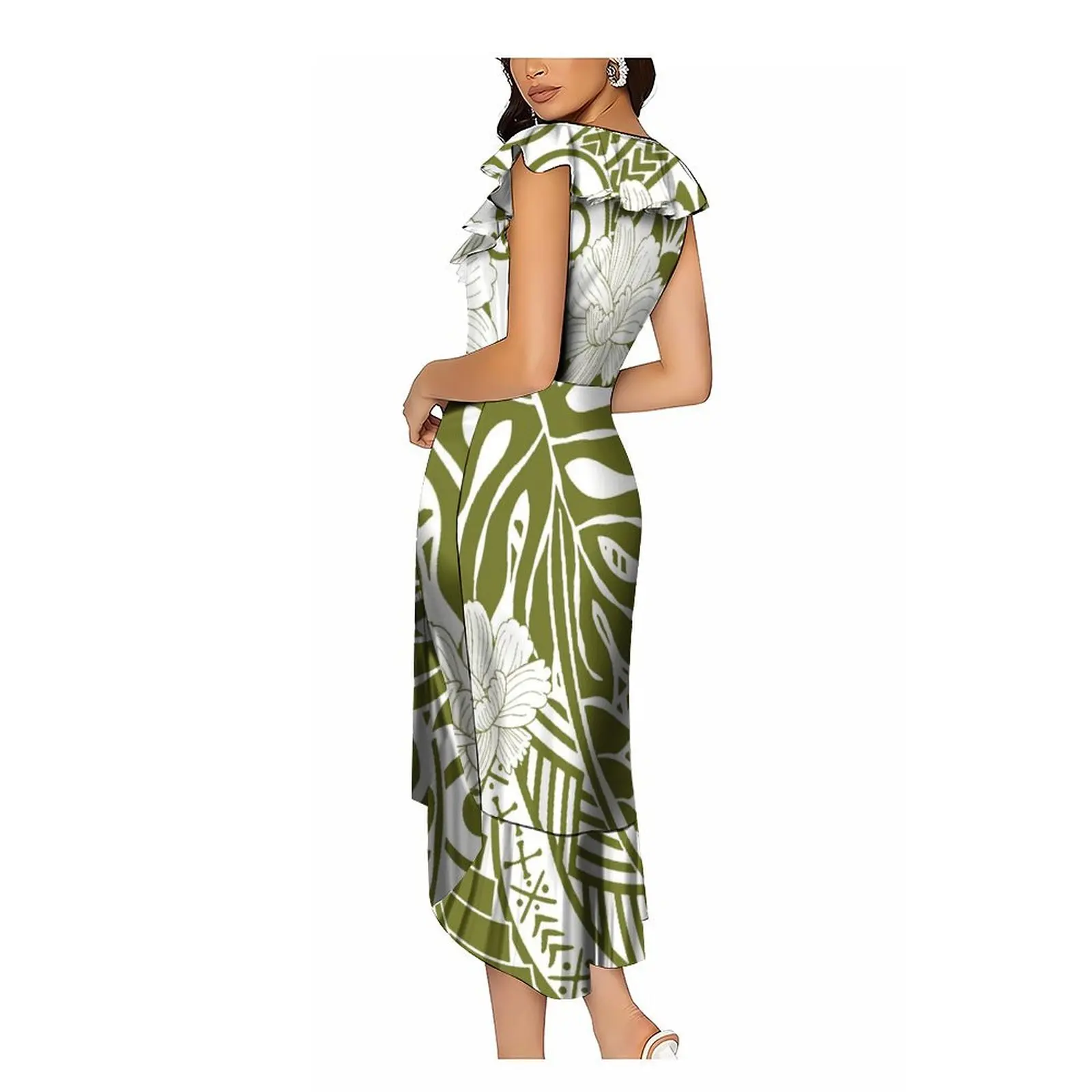 Polynesian Women New Fishtail Dress Sexy Ruffle Samoa Style Super Soft Fabric Hawaii Tropical Men Shirt Green Couple