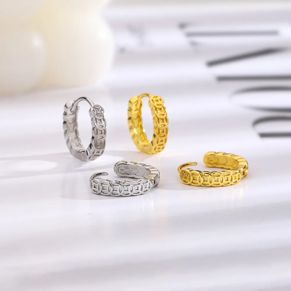 New Trendy Silver Gold Color Hoop Earrings Chinese Coin Lucky Wish For Women Girl Gift Fashion Jewelry Dropship Wholesale