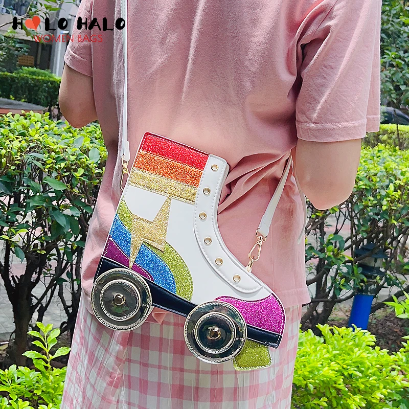 Fun Rainbow Glitter Roller Skate Women Handbag for Girls Novelty Rollerblade Crossbody and Pures Dazzing Daily Shoulder Bag Gift