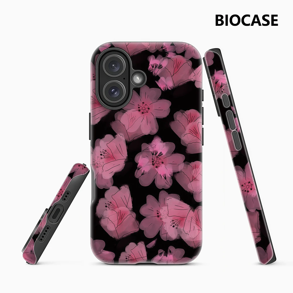 Rosa Blumen auf Schwarzem iPhone-Gehäuse - Doppelschichtige Rückabdeckung für iPhone 17/16/15/14/13/12 Pro Max Plus - Unverzichtbares Handy-Zubehör