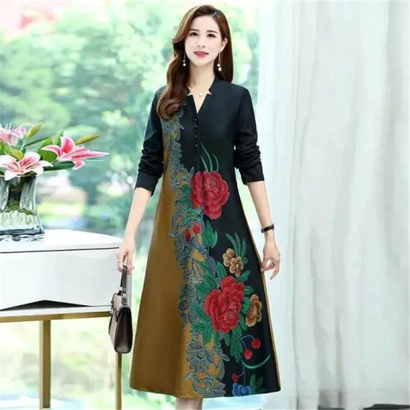 Fdfklak New Mother's Clothing Spring Autumn V-Neck Women Long-Sleeve Nightdress Plus Size Elegant Print Nightgowns Female Dress