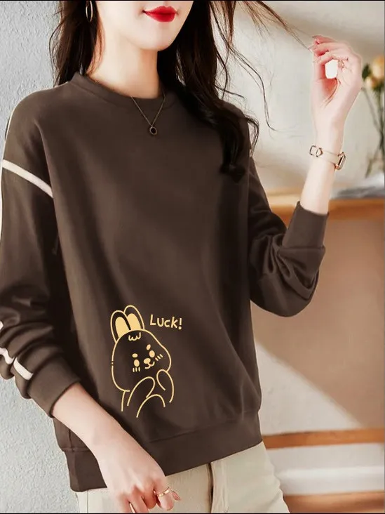 

New Pure Cotton Artistic Long Sve Casual Color Blo Hoodie Women's Faionable Versatile Slimming Top round Ne T-irt