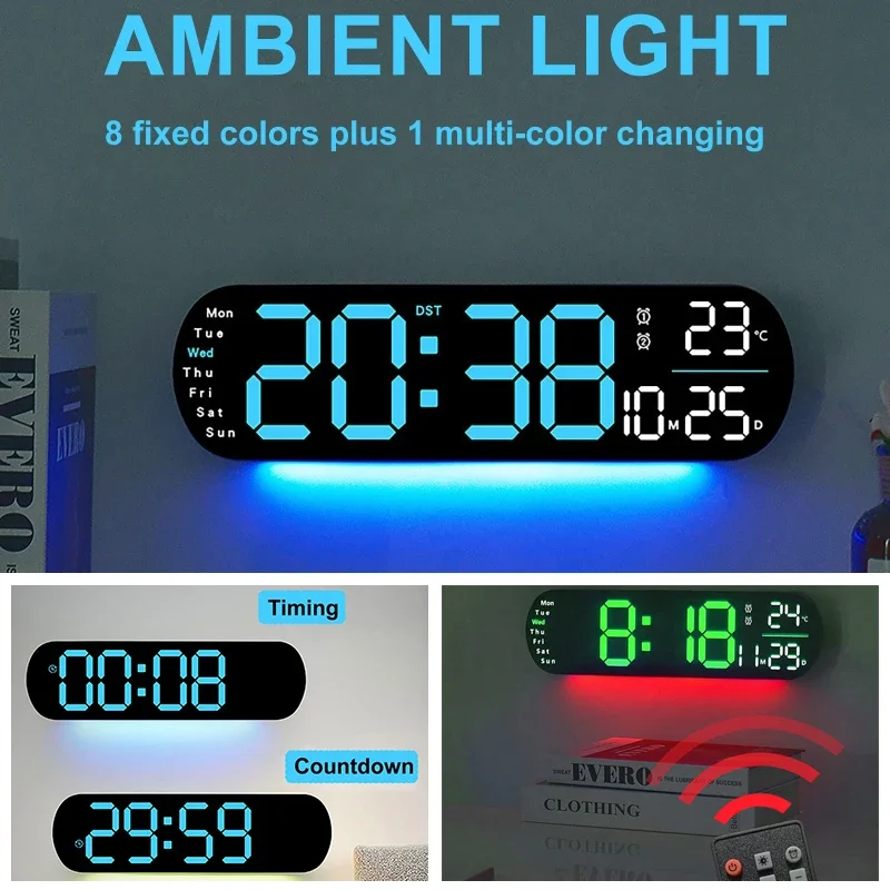 Multifunctional Ambient Light Wall Clock Home Living Room Clock Large Screen Timing LED Digital Alarm Clock With Remote Control