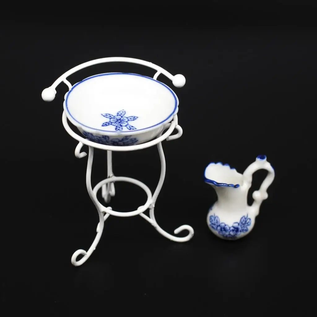 

1:12 Scale Dollhouse Accessories Mini Ceramic Water Pot Washbasin with Rack