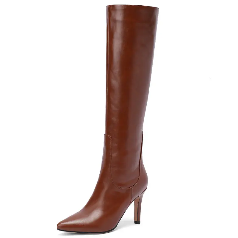

Brand Women Boots Fashion High Heels Knee High Boots Faux Leather Pointed Toe Thin Heel Boots Winter Warm Female Boots