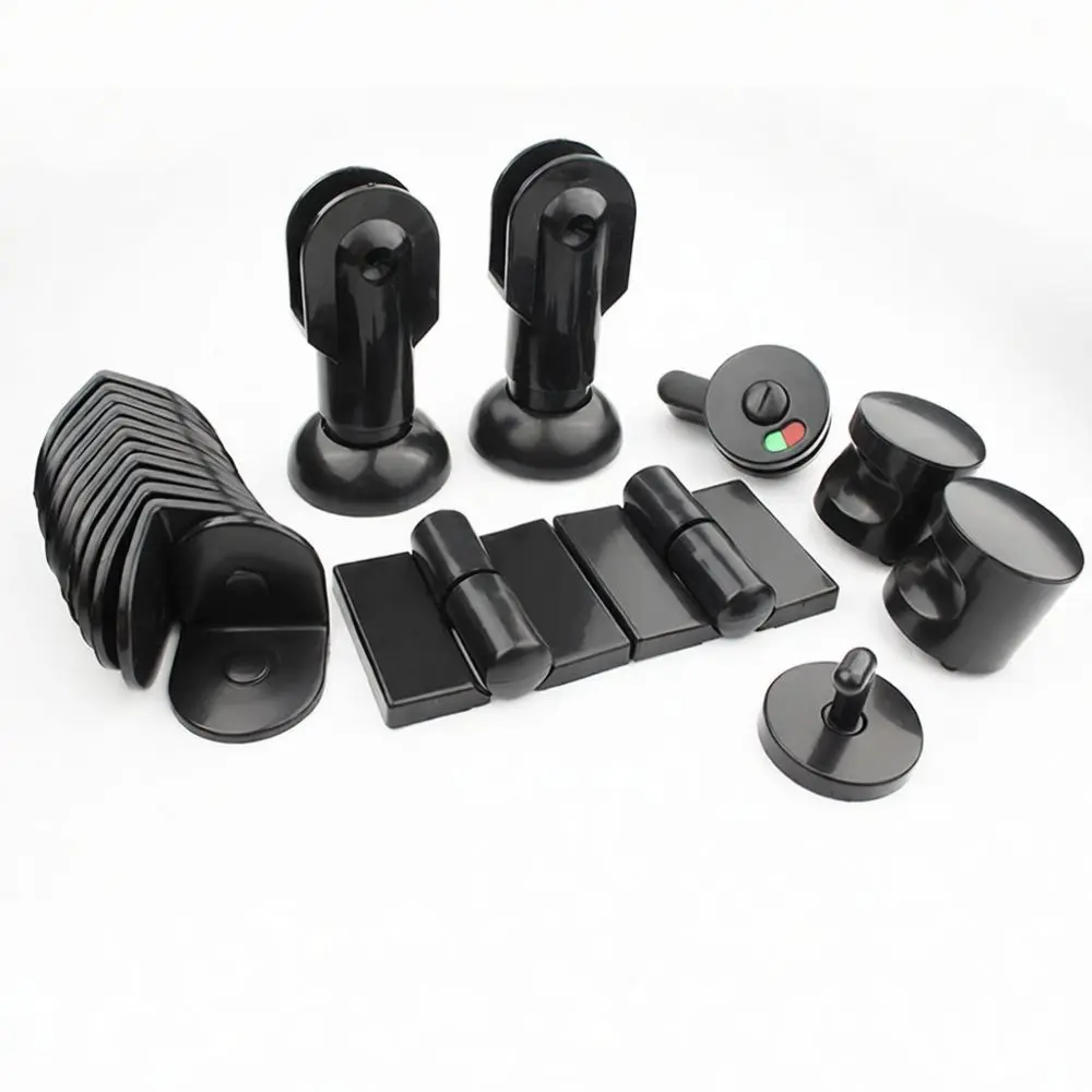 Durable Nylon Black Bathroom Cubicle Hardware Set Support Foot Hinge Indicator Lock Corner Code Commercial Restroom