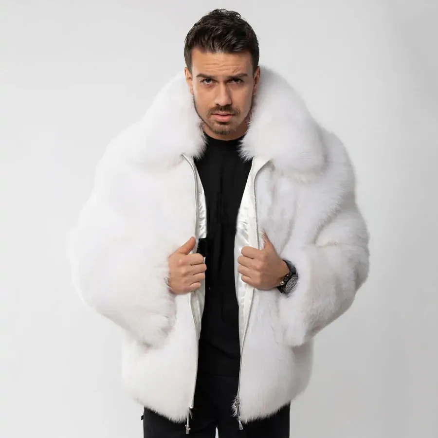 

Mens Fox Fur Coat Real Fox Fur Coats Man White Full Skin Natural Fur Bomber Jacket High Quality Fashion