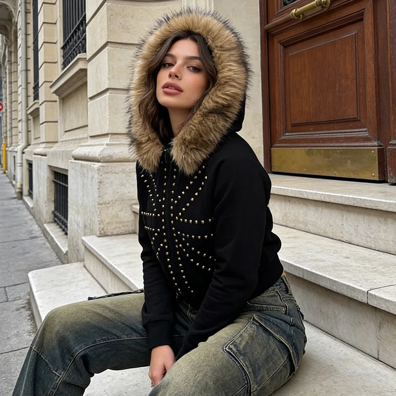 Hip-Hop Damen Casual Fashion Oberteile Amerikanischer High-Street-Stil Schlanker Gothic-Modestil Dekorativer Slim-Fit Mantel mit Plüschkragen und Langen Ärmeln