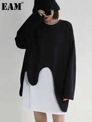 [EAM] Loose Fit black irregular Sweatshirt New Round Neck Long Sleeve Women Big Size Fashion Tide Spring Autumn 2024 1DF0420