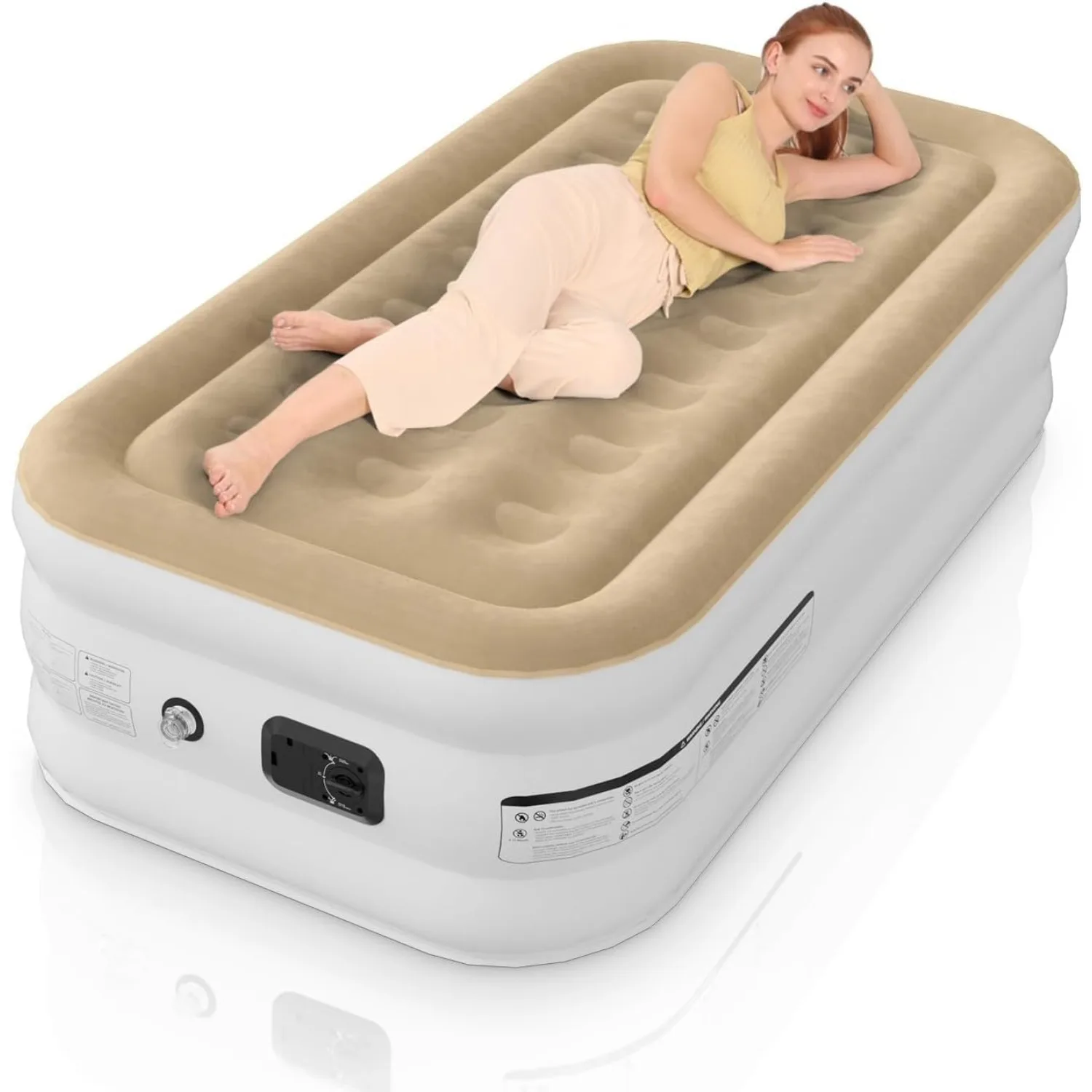 18 In Twin Air Mattress, Antileak Blow Up Mattress w/ Soft Flocked Top w/ Built in Pump, Waterproof Inflatable Mattress