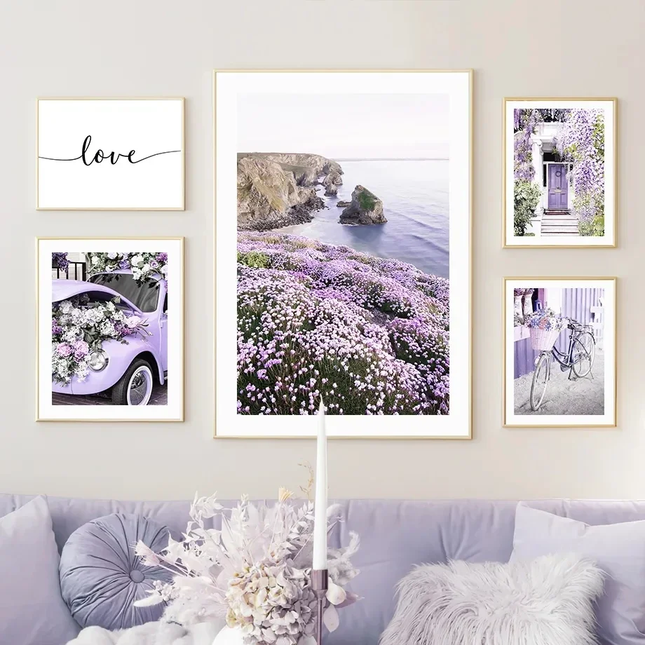 Cuadro de paisaje de árbol y flores moradas, cuadro sobre lienzo para pared, póster de paisaje fresco moderno e impresión par