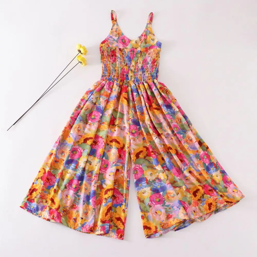 Girls' Spaghetti Strap Dress Summer New Butterfly Print Bohemian Style Fashionable Floral Wide Leg Jumpsuit Dress for 4-14 Years