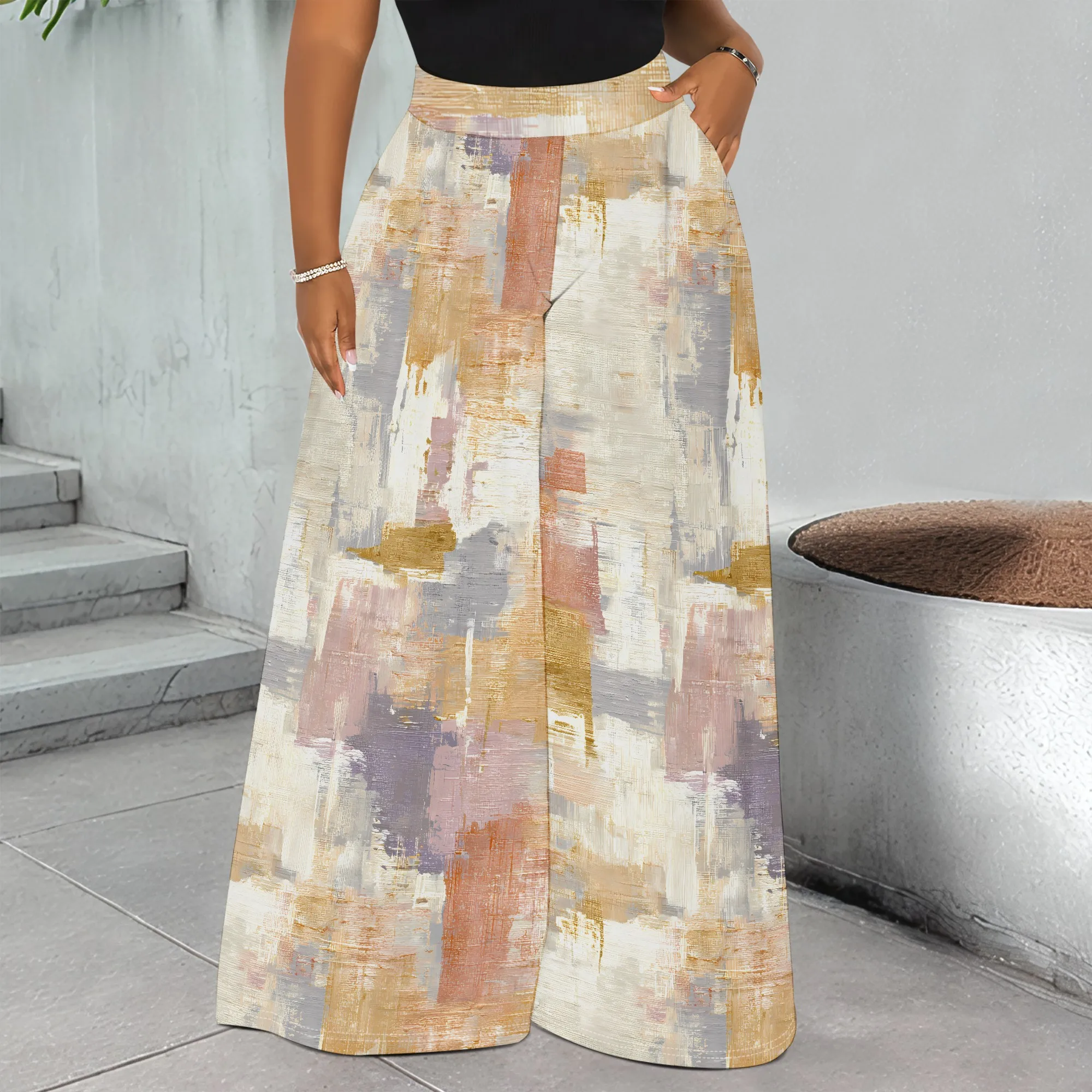 

Women Abstract Art Print Wide Leg Pants Brushstroke Pattern Painterly Trousers Casual Wear Daily Outfit