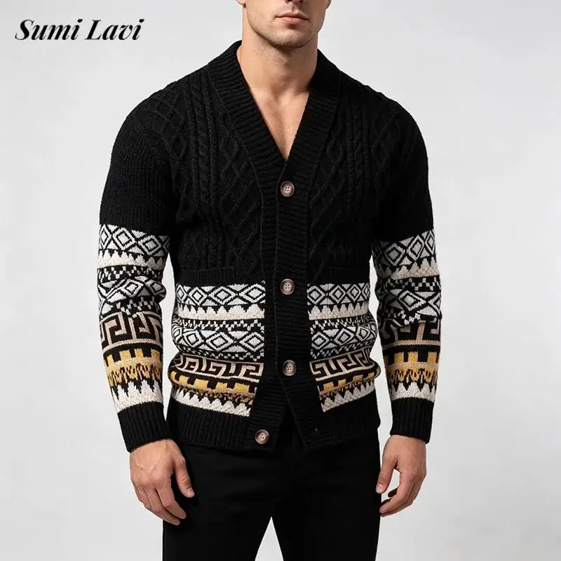 Daily Outdoor Outerwear 2026 Autumn Warm Long Sleeve Cardigan Mens Contrast Color Knit V Neck Single Breasted Coats For Male