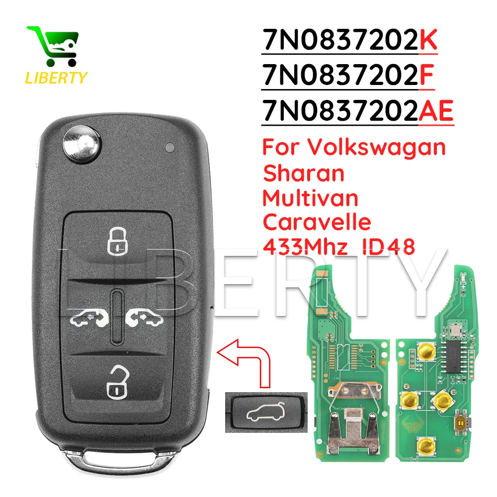 

Ly For VW Volkswagan Sharan Multivan T5 Caravelle 5 Buttons Remote Car Key Fob 433Mhz ID48 Ask 7N0837202K 7N0837202F 7N0837202AE