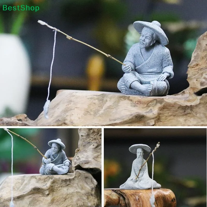 Estátua de Pescador Miniatura para Aquário, Decoração Zen Asiática para Casa, Ornamento Vintage de Arenito para Aquário e Jardim, Pescador Sentado