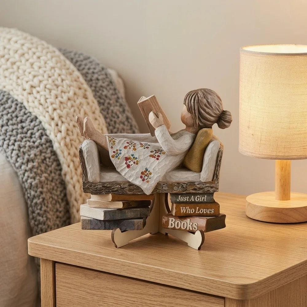 2D Flat Printed Wooden Reading Girl Figurine Just a Girl Who Loves Books with Stand Book Lovers Statues Vintage Anti-Fading