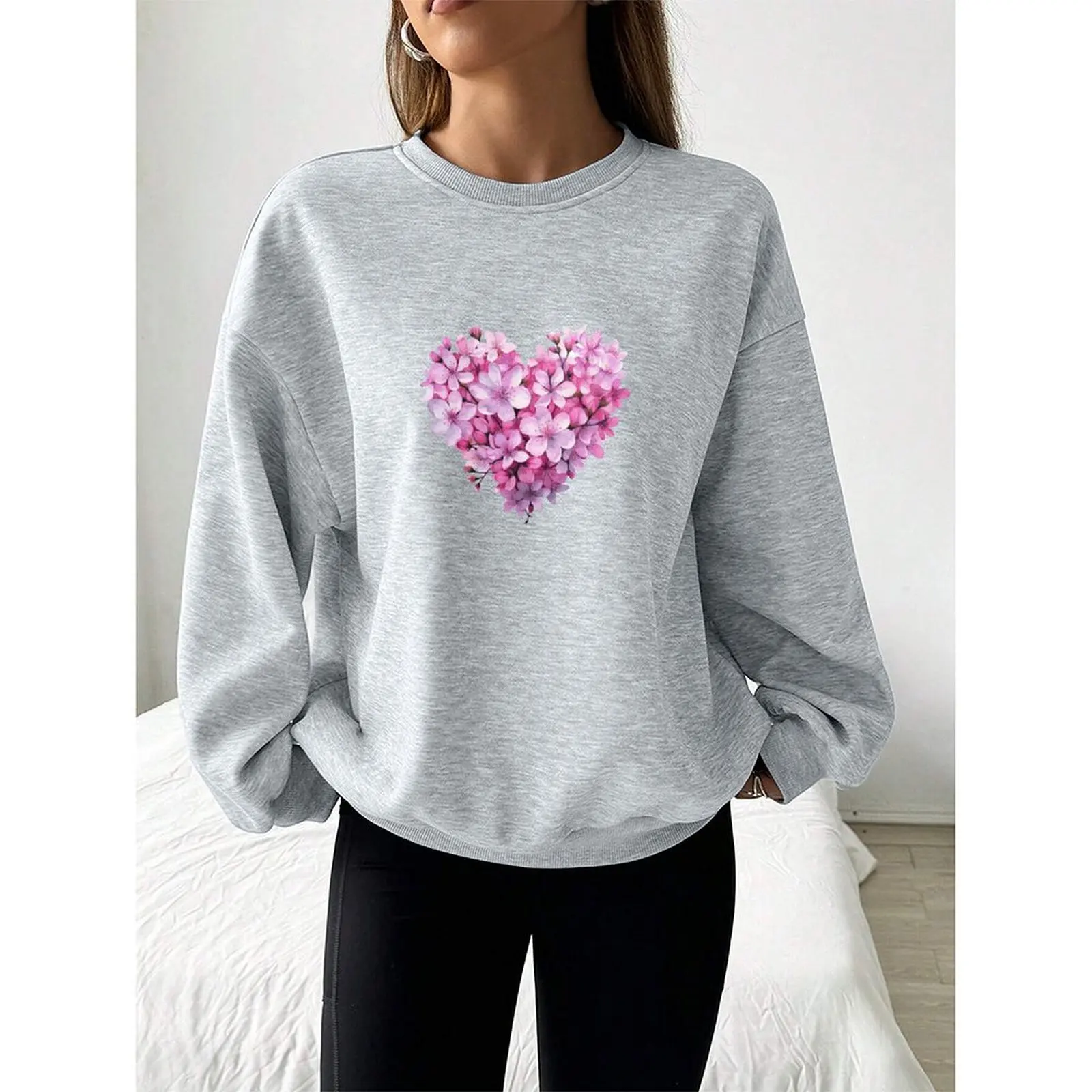 

Womens O Neck Sweatshirt Velvet Winter Casual Floral Print Heart-shaped Print Long Sleeve Pullovers Autumn Woman Clothes 2025
