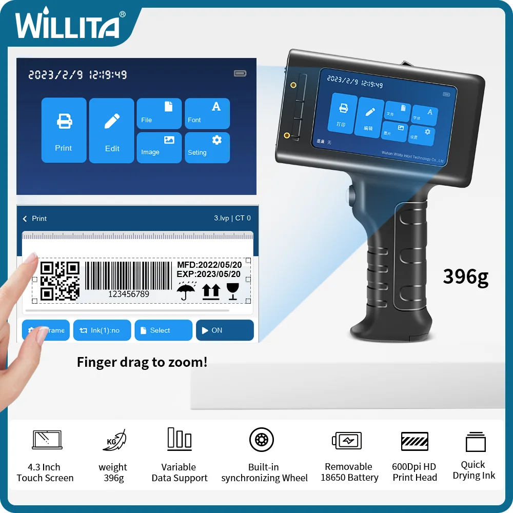 Willita Inkjet Printers Handheld L1 For Plastic Metal Barcode Serier Batch Number QR Code Smart Thermal Logo Expiry Date Printer