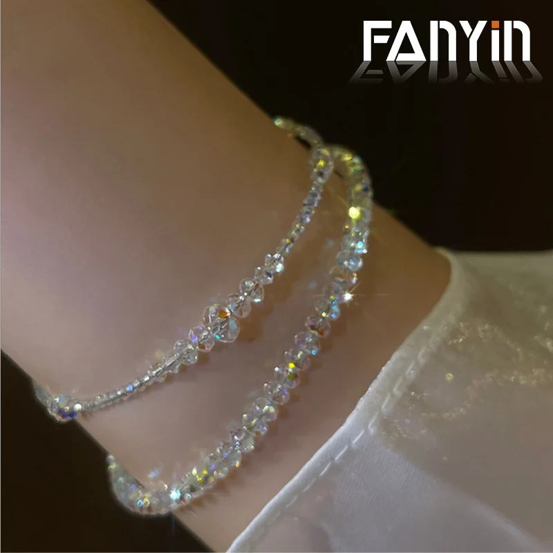 FANYIN 2PCS/Set Shiny Colorful Crystal Bracelet Elastic Stretchy Bangle Sweet Jewelry