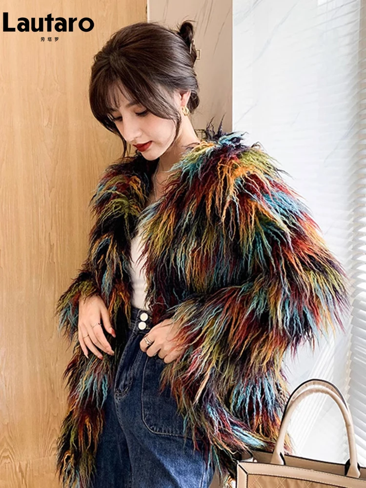 Lautaro Autumn Winter Colorful Soft Thick Warm Hairy Shaggy Faux Fur Coat Women Long Sleeve O Neck Luxury Fluffy Jacket 2023