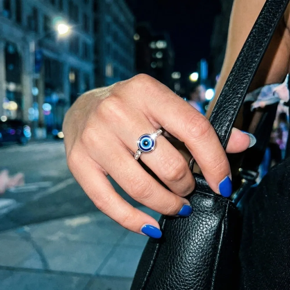 Exaggerated Blue Eye Ring Versatile Use Silver Gold Titanium Steel Ring Exquisite Simple Style Rhinestone-Studded Ring Unisex
