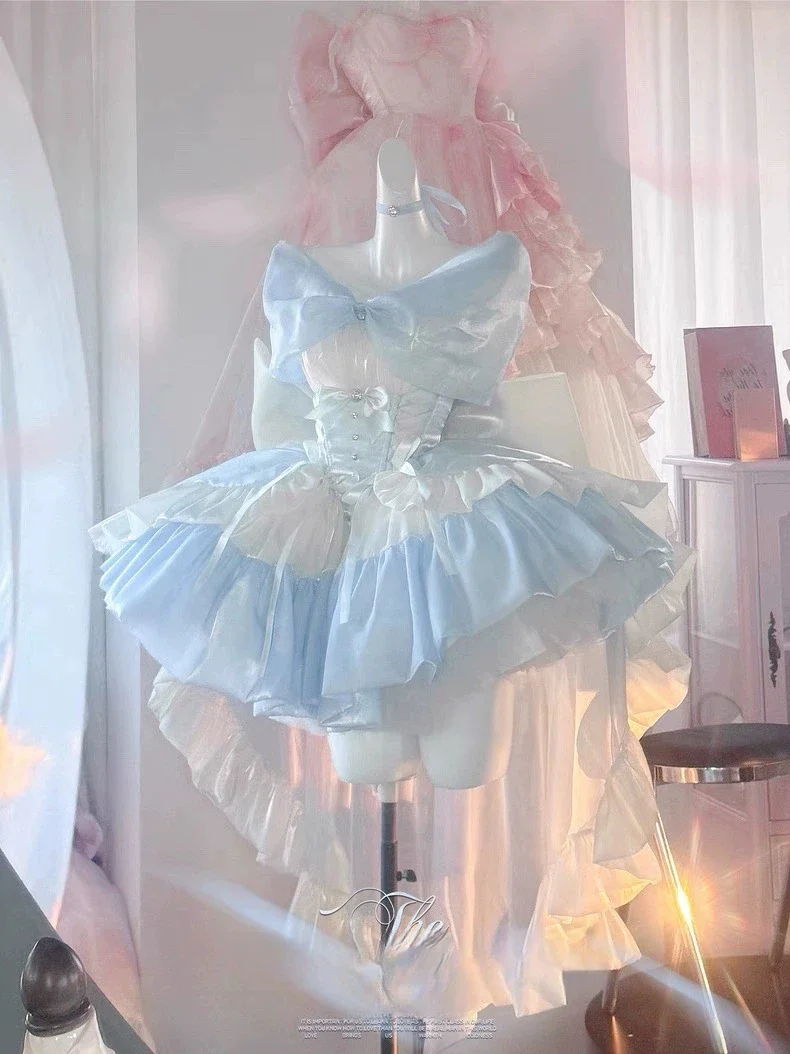 

Summer Splicing High Waist Waist Thin Fluffy Princess Birthday Party Dresses Trailing Sweet Design Lolita Bow Sleeveless Dress