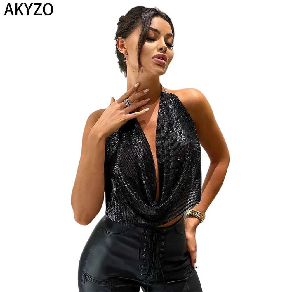 AKYZO Solid Color Metallic Crochet Slingback Crop Top Sexy Backless Chain Strap Contrast Sequin Details Hand Wash Only Vacation