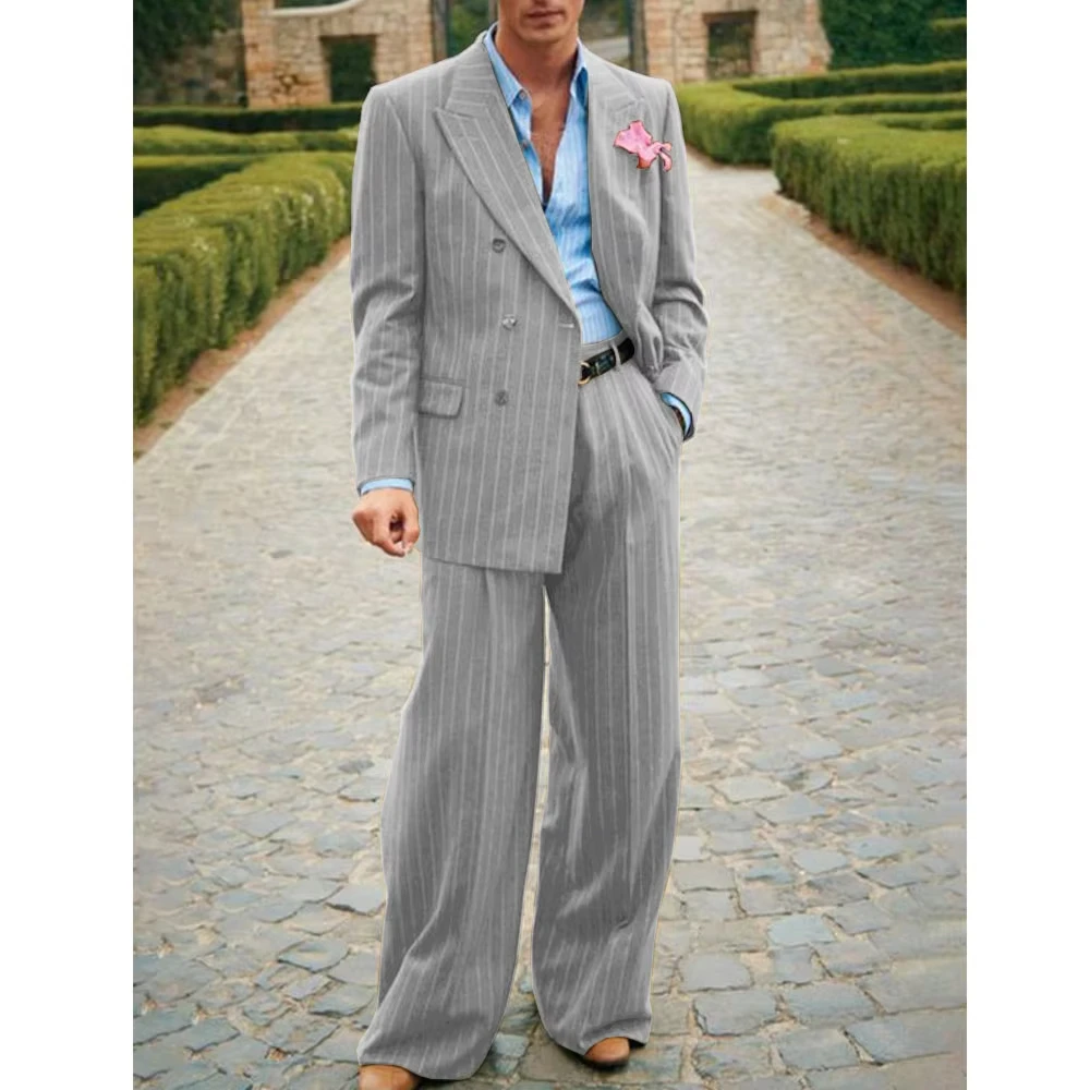 2025 Elegant Double Breasted Fashion Mens Striped Suit 2 Pieces Casual Party Prom Suit Korean Work Wear Busniness Customized