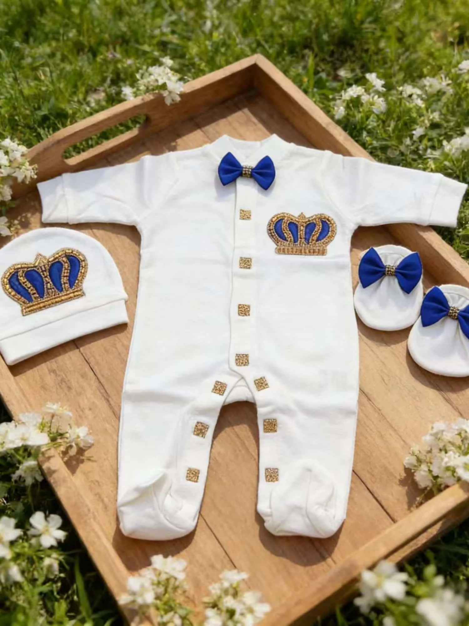 Newborn Baby Footed Romper Set 0-9 Months 3Pcs All White Royal Blue Satin Bow Rhinestone Crown Baptism Prince Outfit