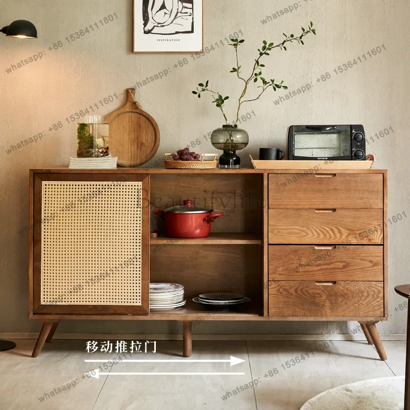 LXJapanese-style rattan dining side cabinet Modern simple multi-functional ash wood solid wood double-door chest cabinetSSS