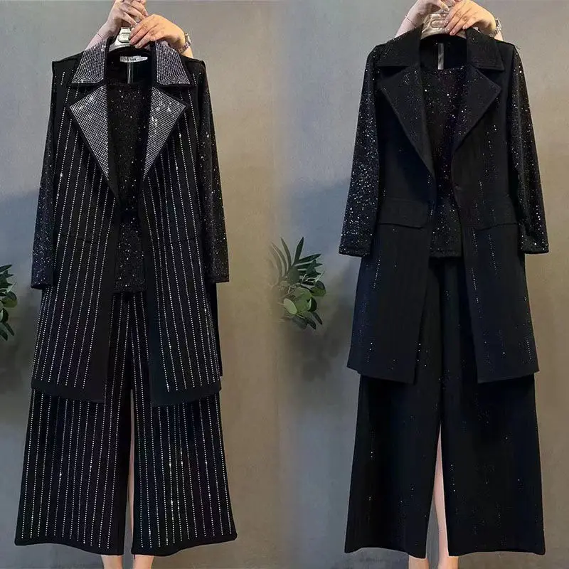 Women Large Size 6XL Suit Sequin Stripe Blazer Jacket Coat Vest Top And Pant Three Piece Set Matching Outfit Office Clothing