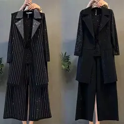 Conjunto de calças e blazer com lantejoulas para mulheres, tamanho grande, 6XL, jaqueta, casaco, colete, top, roupas combinando, roupas de escritório, conjunto de 3 peças