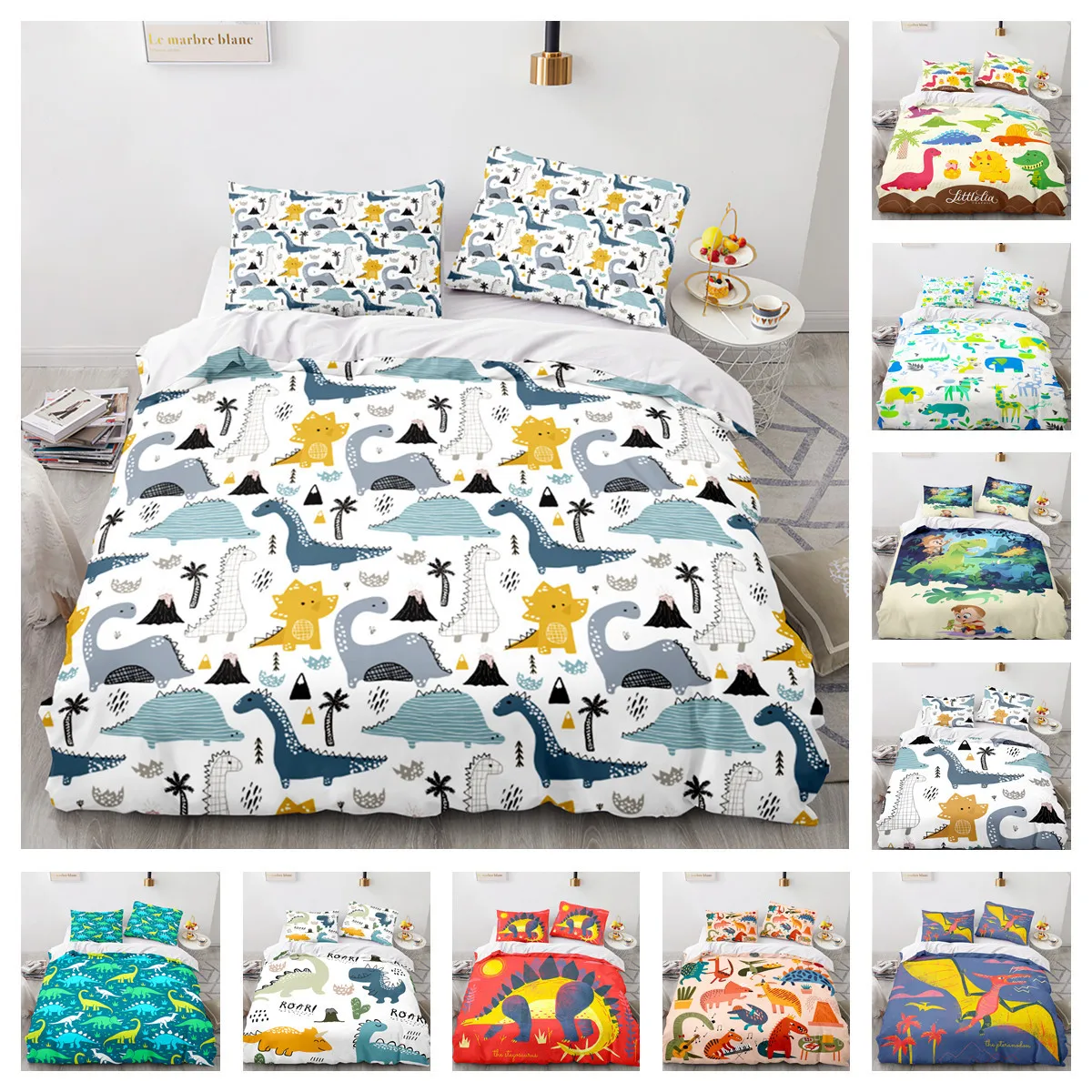 Printed dinosaur cartoon duvet set, three piece set, digital printing, foreign trade, home textile set, home textile set