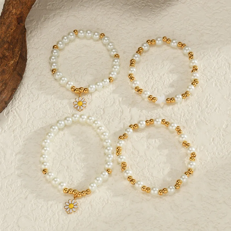 Nextvance Fashion Daisy Bracelet Imitation Pearl Beads Stainless Steel For Women Handmade Wrist Chain Accessories Jewelry Gifts