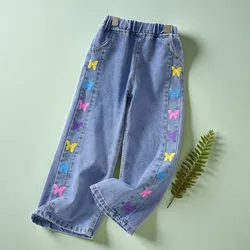 Pants for Girls Jeans Teenagers Children Clothing Butterfly Print Trousers Spring Autumn Baby Kids Clothes Jeans 6 8 10 12 14 Y