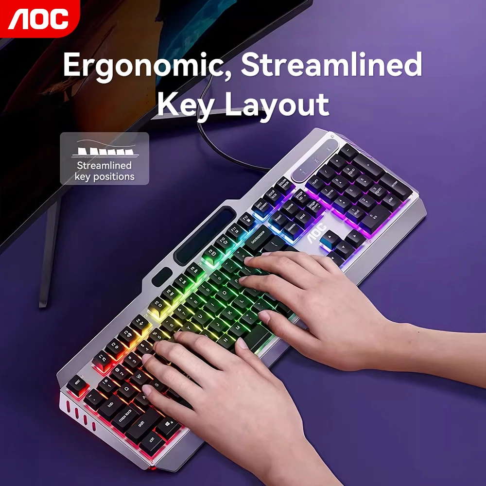 AOC Mechanical Feel Wired Keyboard Brown Switch RGB Light Metal Frame Ergonomic Full Size Keyboard For Desktop Gamer
