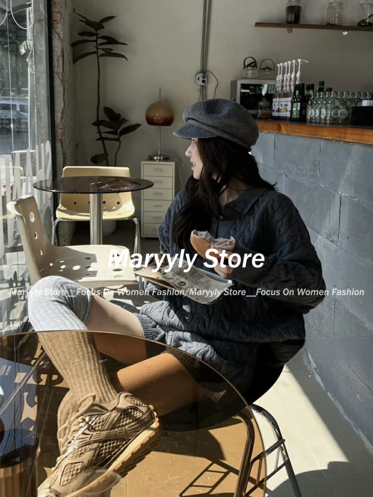 الخريف الشتاء الكورية نمط قسط محبوك 2 قطعة مجموعة عادية فضفاض بولو الرقبة سترة بلايز + Y2k السراويل لون نقي ملابس النساء