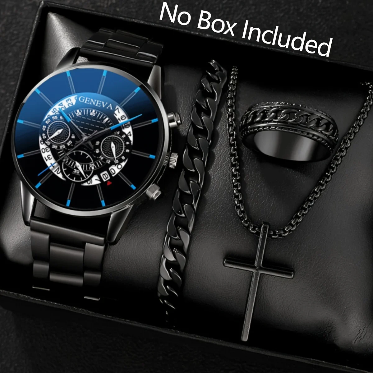 مجموعة واحدة من ساعة كوارتز رجالية من Fashion Elite تتضمن أساور القلائد المطابقة توقيت دقيق وإكسسوارات الهيب هوب العصرية