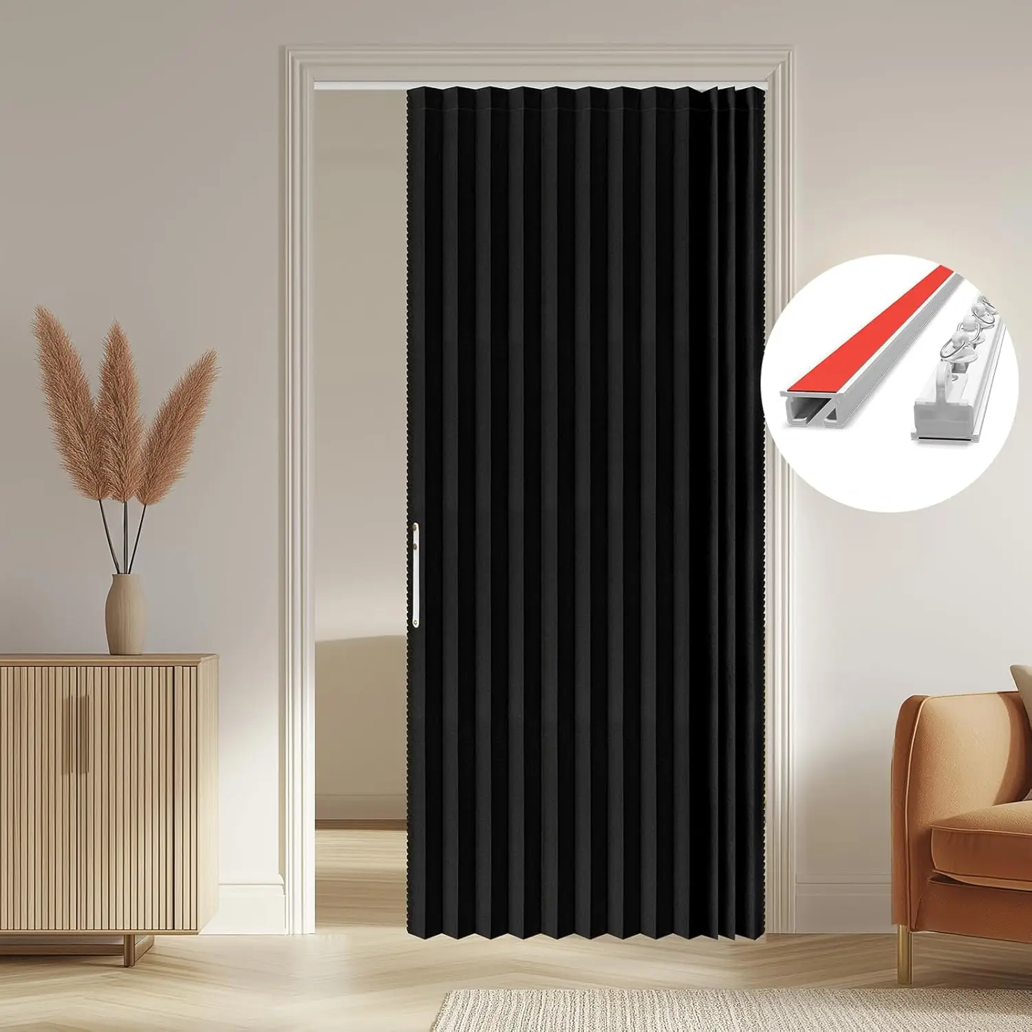 

Blackout Accordion Door Curtain Set with Tracks - 53W x 79L, Black, for Bedroom Living Room Doorway Privacy