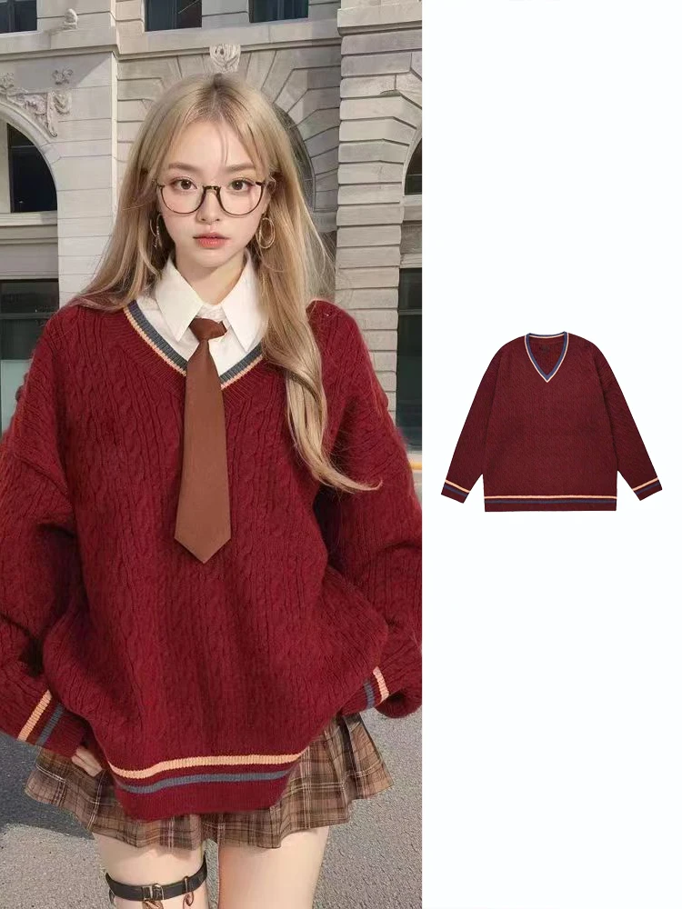 Suéter de Punto con Cuello en V Color Vino Tinto Navideño, Moda Femenina 2023, Nuevo Estilo Retro de Otoño Invierno, Top con ...